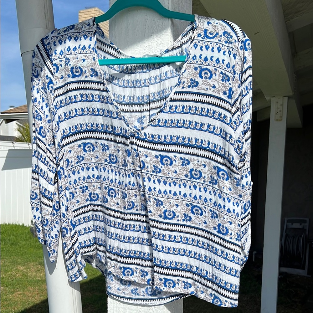 Blue and White Patterned Women's Top
